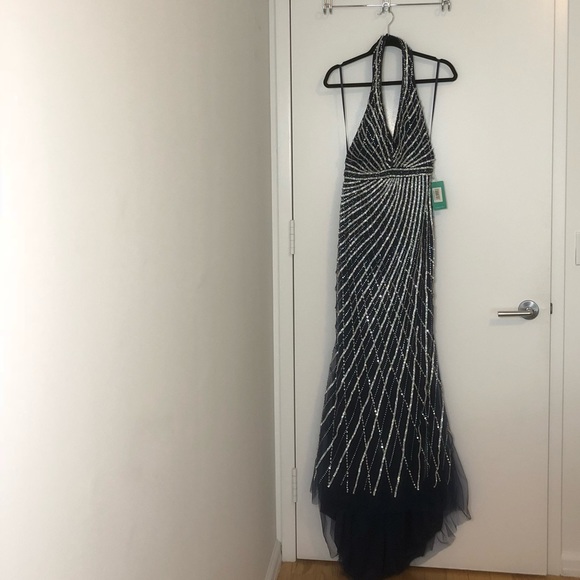 Navy Sequin Halter Mermaid Evening Gown - Picture 6 of 6